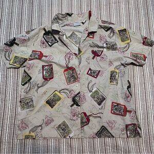 Vintage Erika Beige Short-Sleeve Button-Down Shirt with Multicolor Tag Prints